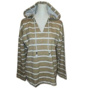 T By Talbots Tan & White Striped Lightweight Hoodie Sweatshirt, M